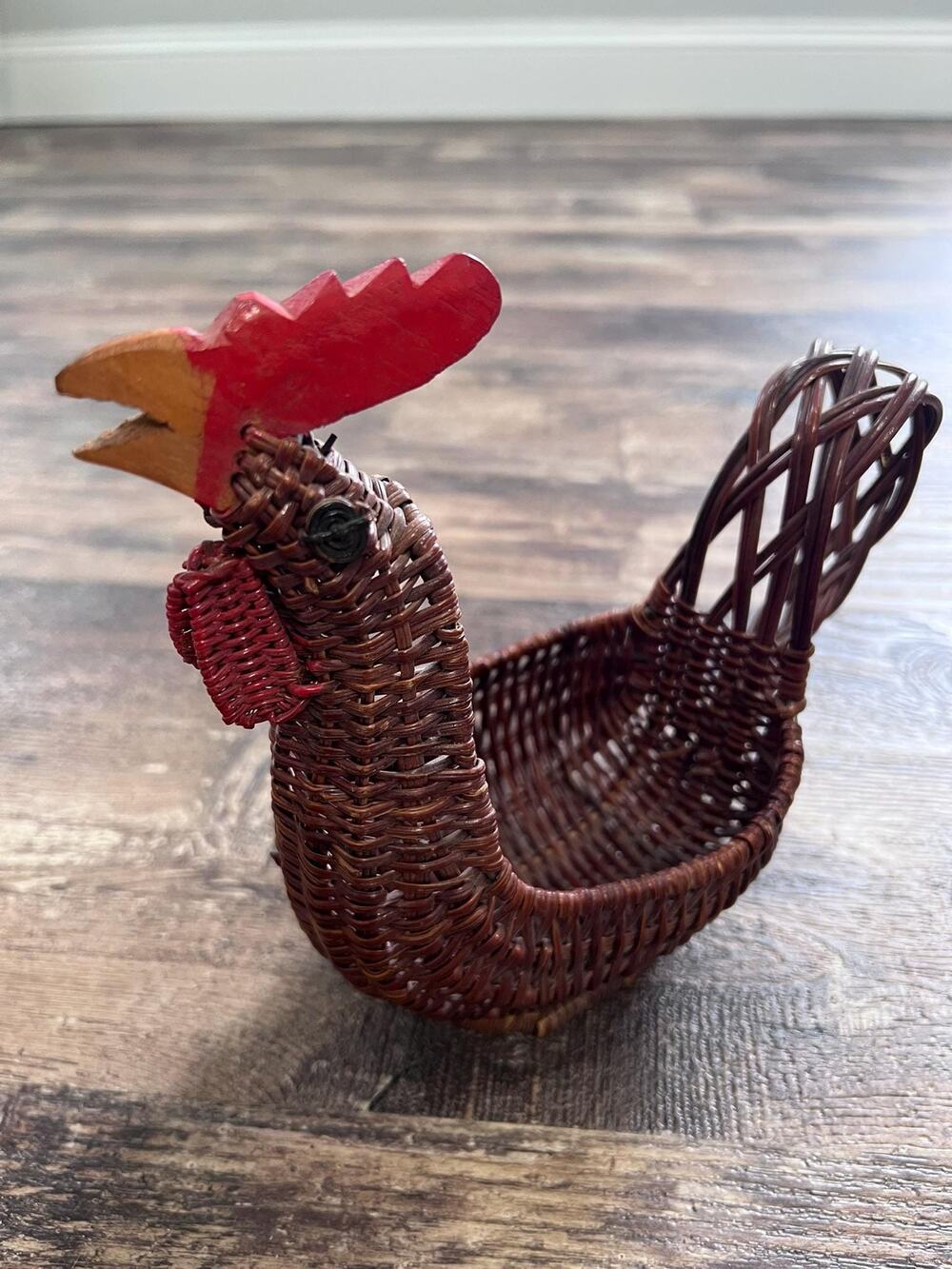 Vintage Wicker Rooster Basket | Handwoven Chicken with Carved Wooden Head